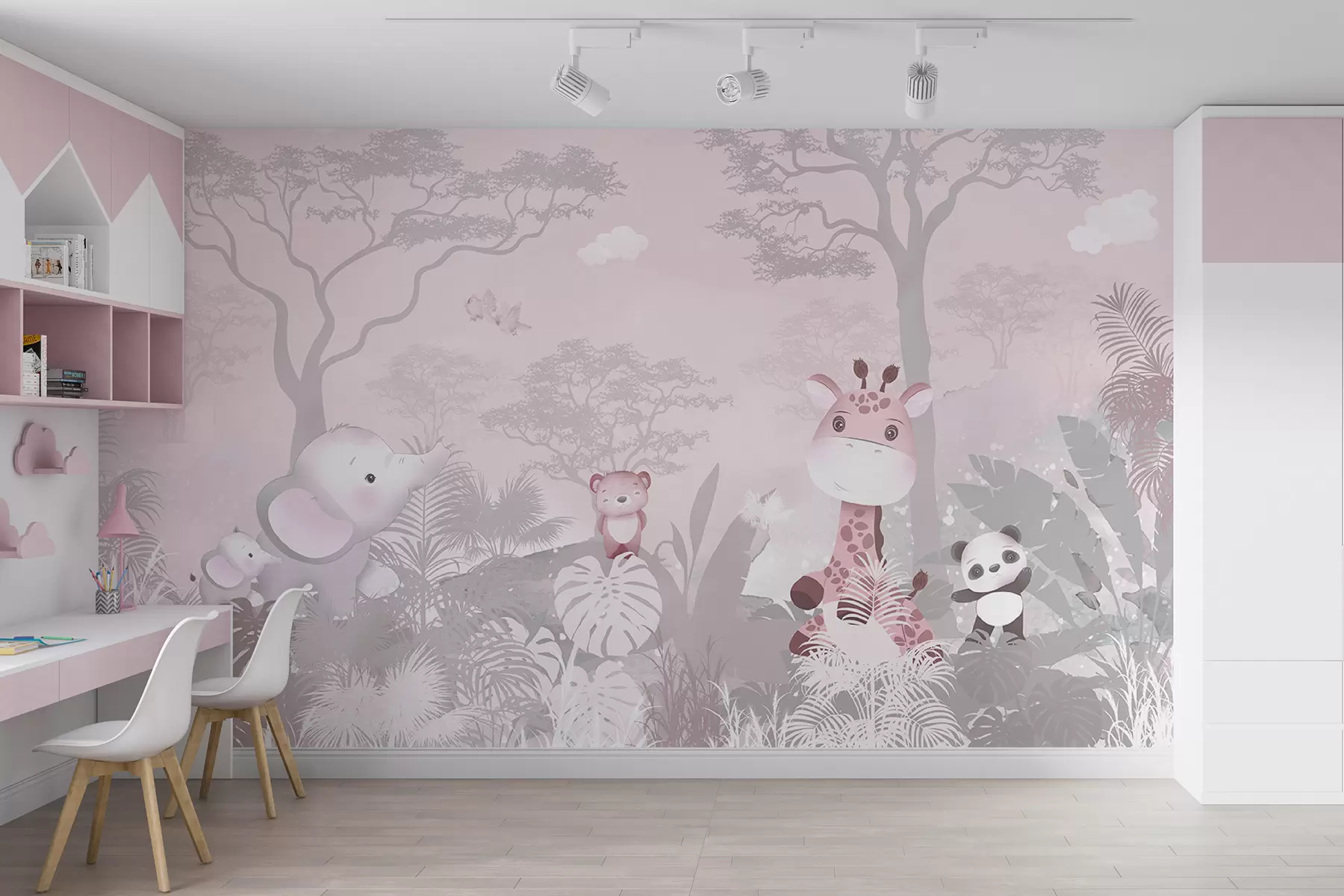 murales de pared Simpáticos animalitos de la sabana en tonos rosas u73878v3