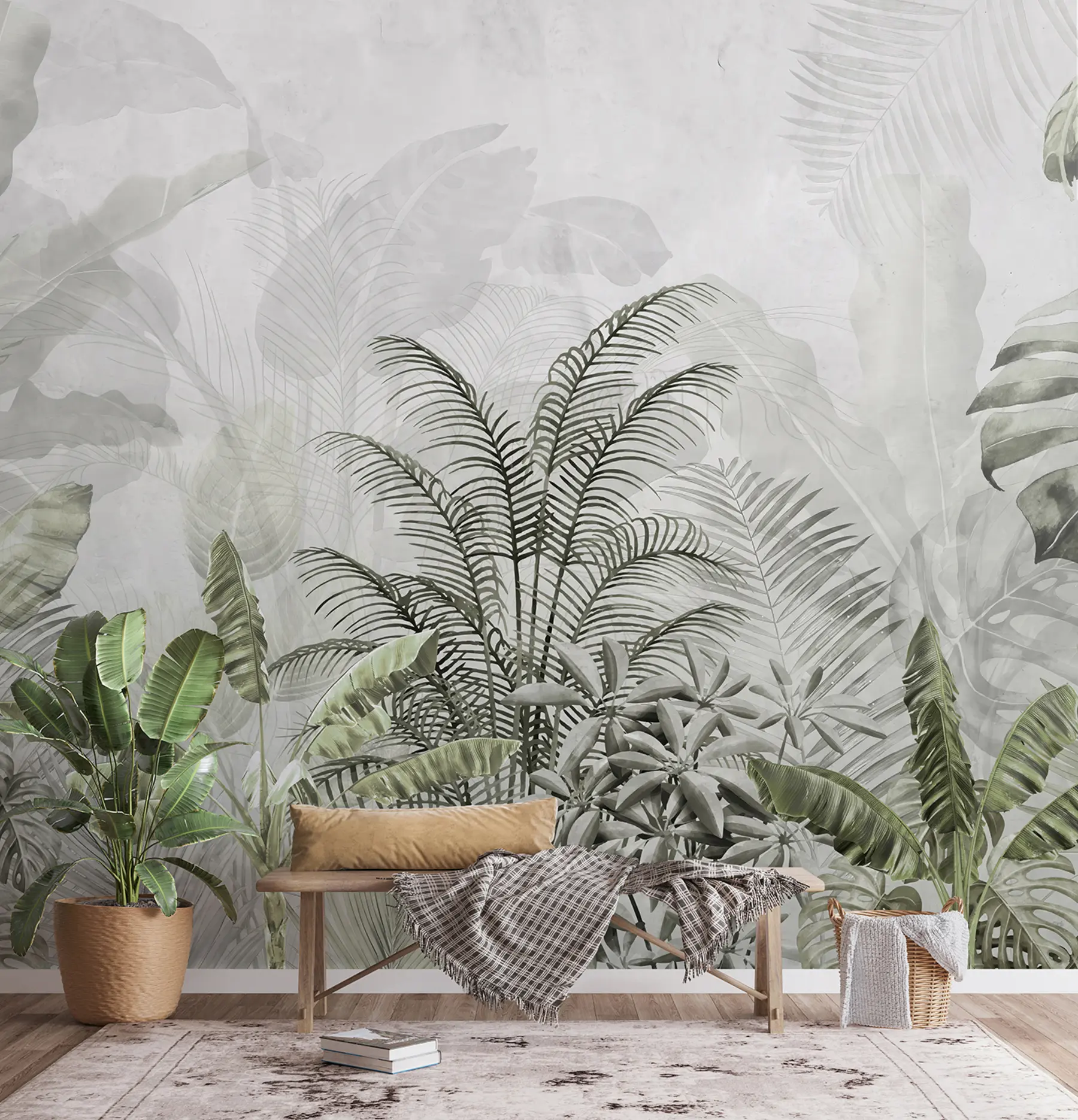 murales de pared Palmeras de color gris en colores verdes u71284v3