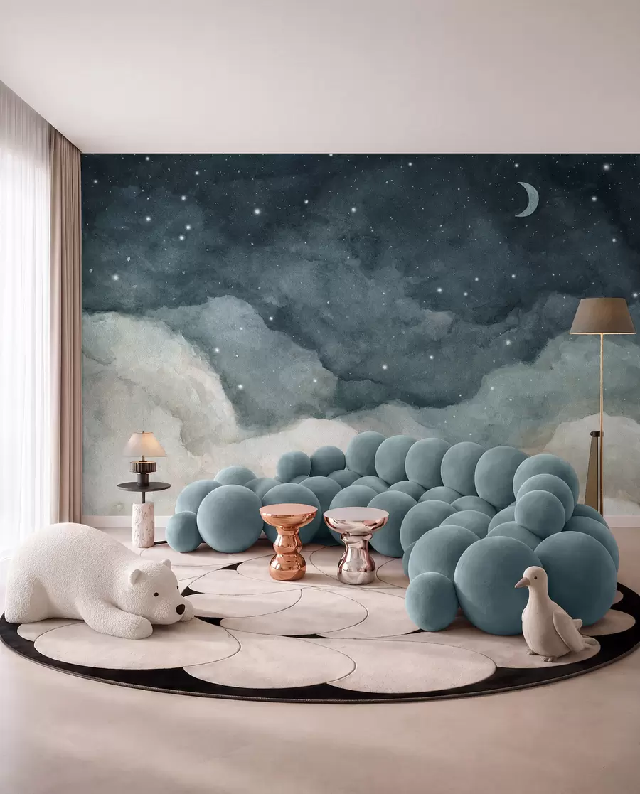 murales de pared Acuarela de cielo nocturno con luna creciente y estrellas brillantes en tonos azules u96076v2