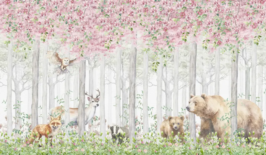 murales de pared Bosque en flor con animales u97614