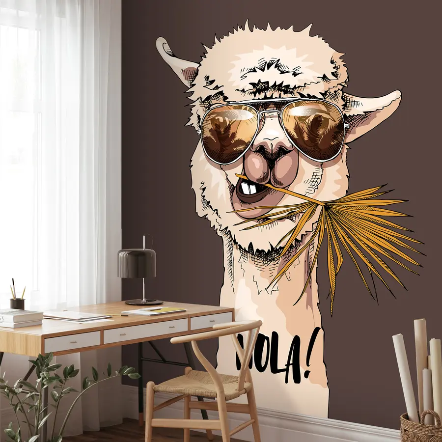 murales de pared Retrato de un lama con gafas de sol y una hoja de palma en abanico u98177
