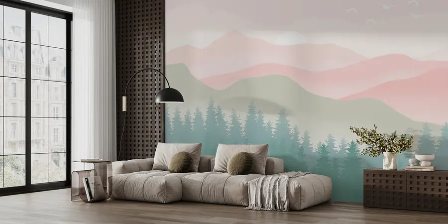 murales de pared Montañas neblinosas con bosque de pinos, colores naturales suaves, rosa y verde u98774