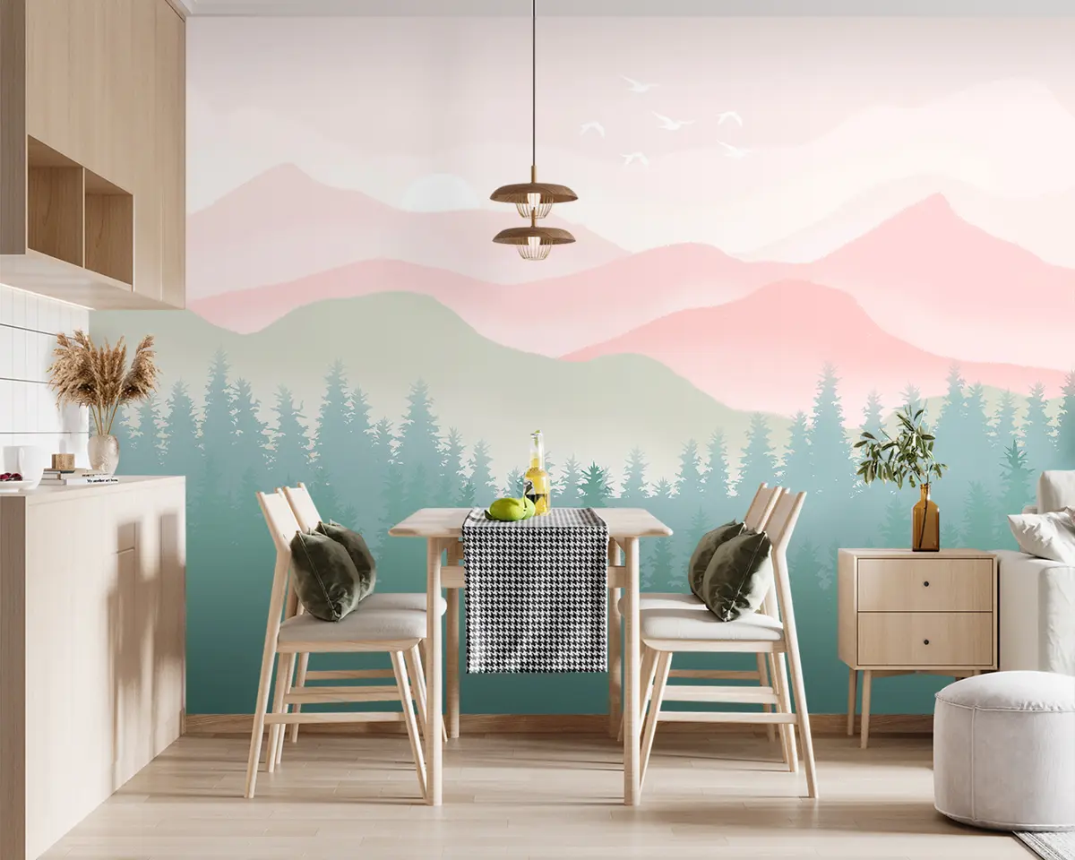 murales de pared Montañas neblinosas con bosque de pinos, colores naturales suaves, rosa y verde u98774