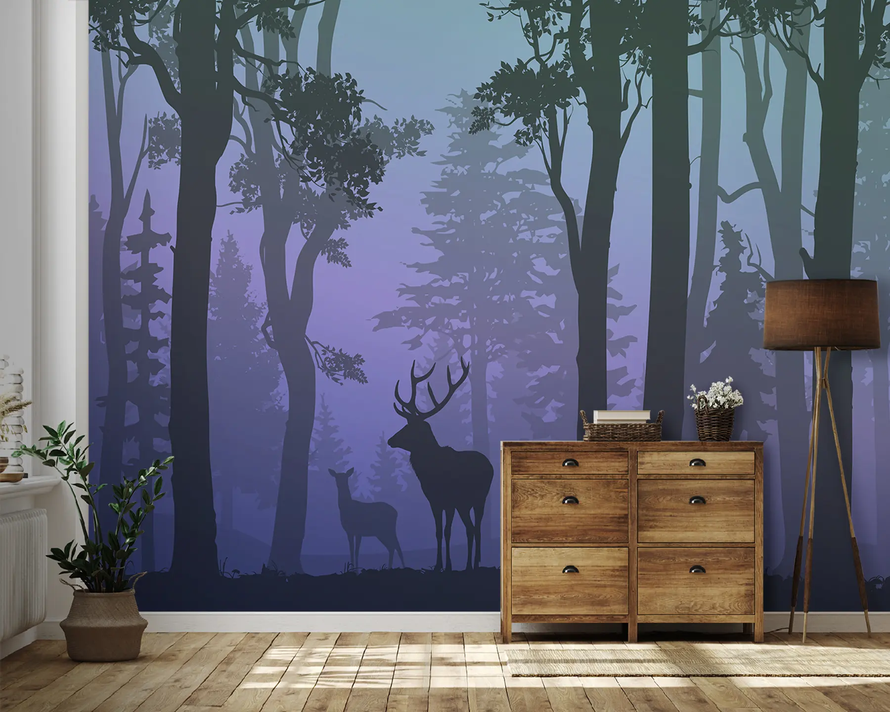 murales de pared Bosque denso con ciervos, fondo degradado, naturaleza, colores verde y morado u98776v1