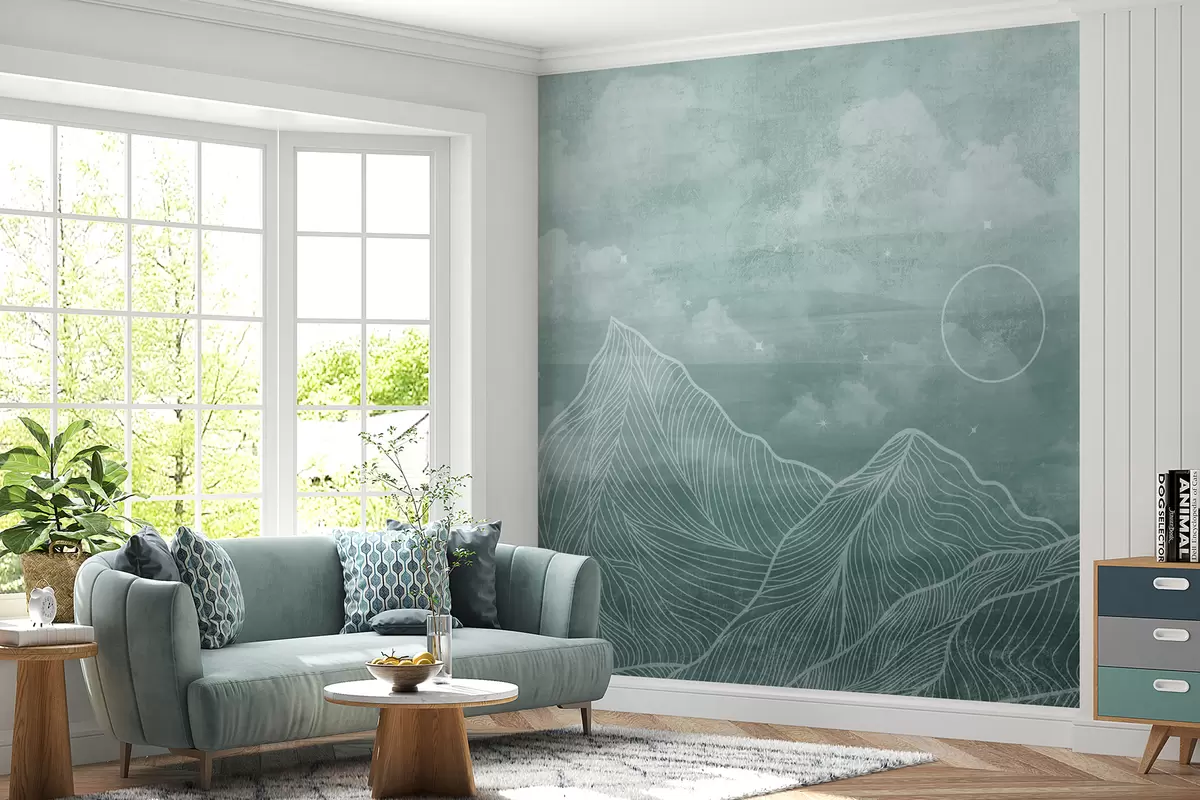murales de pared Textura grunge con nubes y montañas, color aguamarina, arte temático de la naturaleza u98838