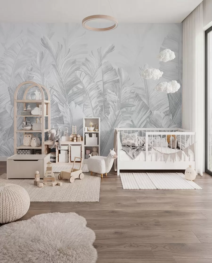 murales de pared Hojas grises tropicales de moda u98951v2