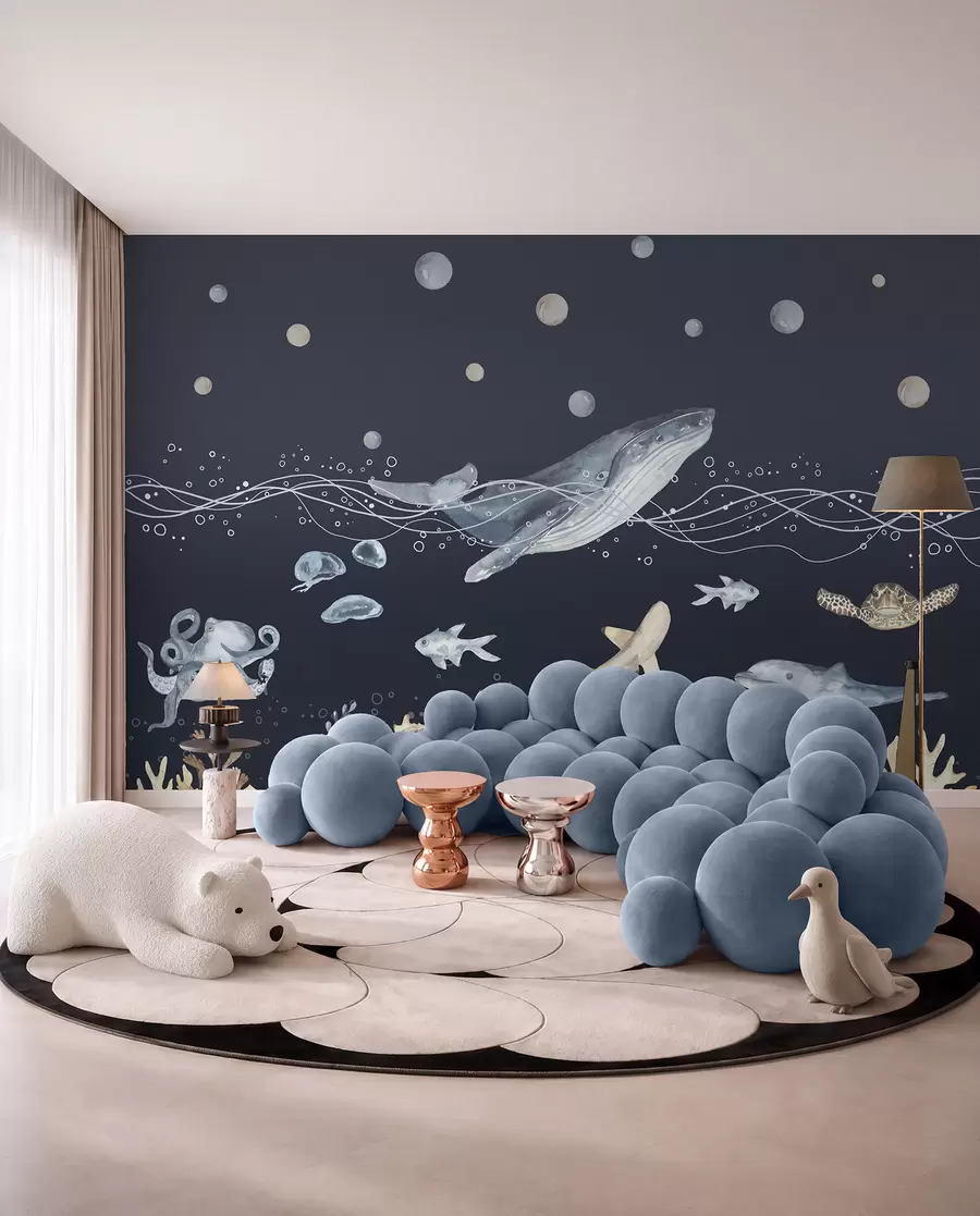 murales de pared Vida marina submarina, ballena, delfín, corales, animales marinos, beige y azul u98902v1