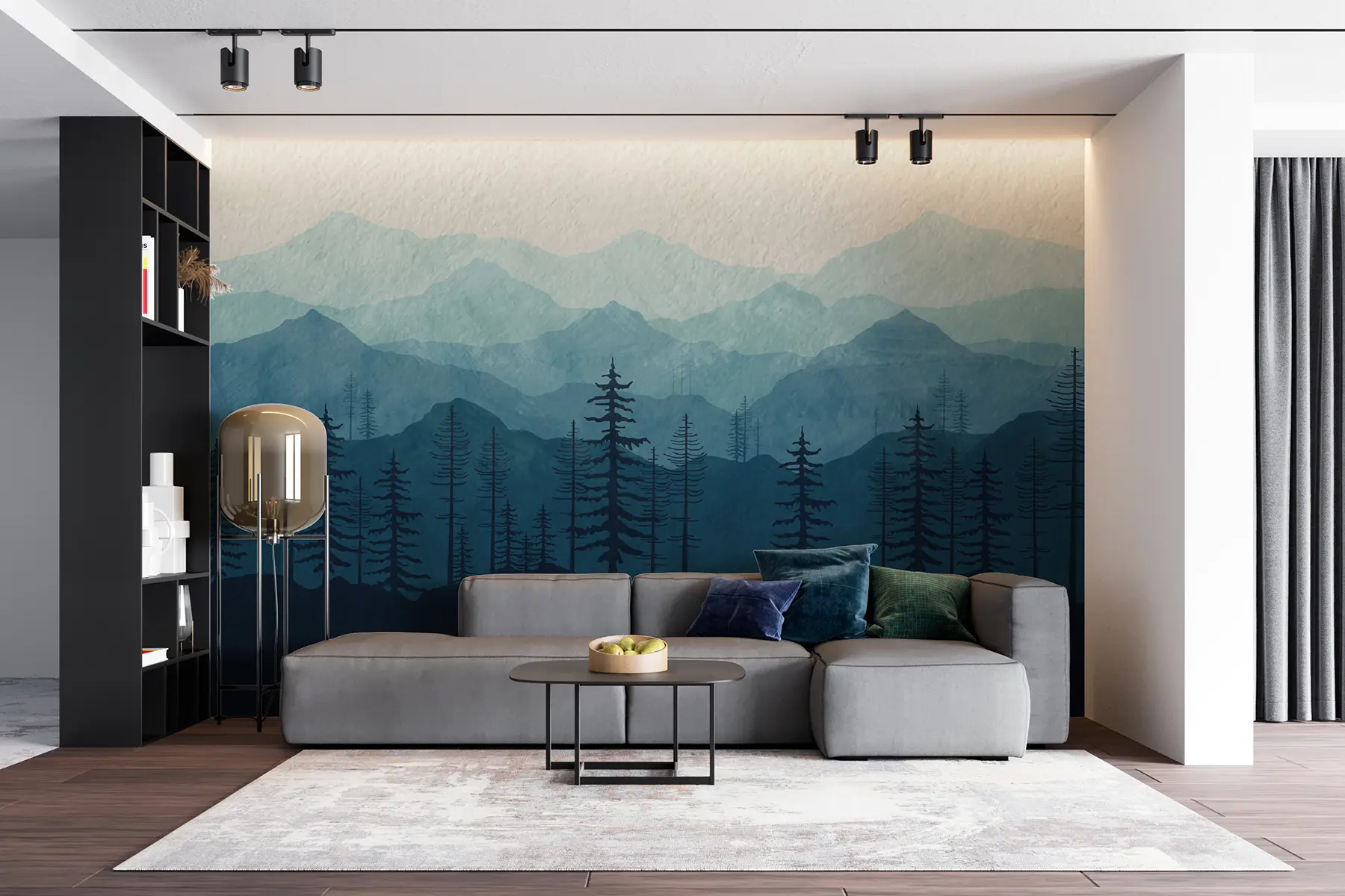 murales de pared Montañas de azul monocromo con textura de acuarela u98925