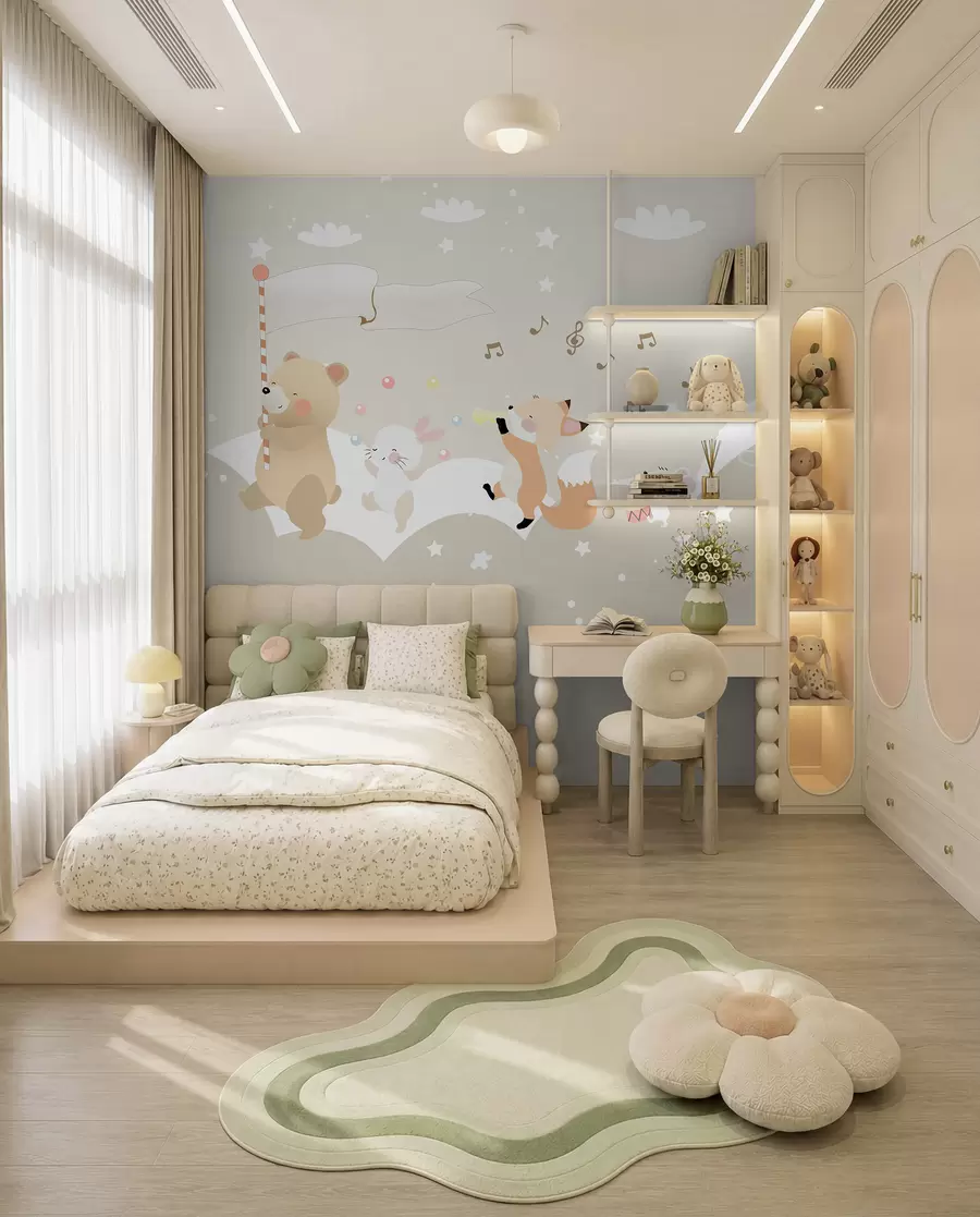 murales de pared Diseño de papel pintado para habitación infantil con simpáticos animales en tonos rosas u98969