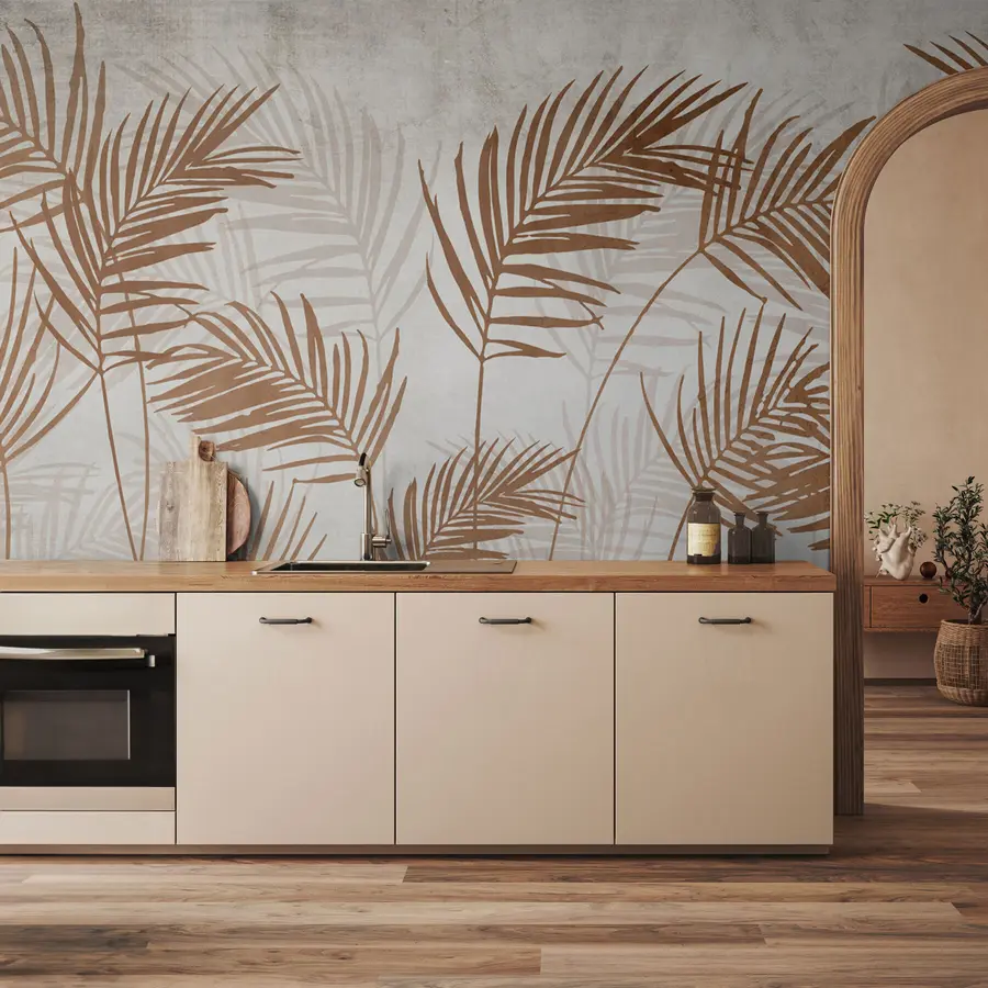 murales de pared Diseño de papel pintado con árboles tropicales y hojas en el bosque brumoso u98974