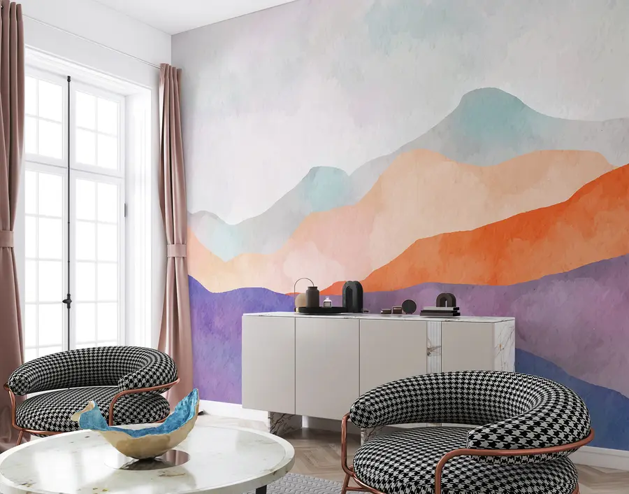 murales de pared Paisaje de montaña, dibujo abstracto, estilo boho, naranja, pupila, azul u98991