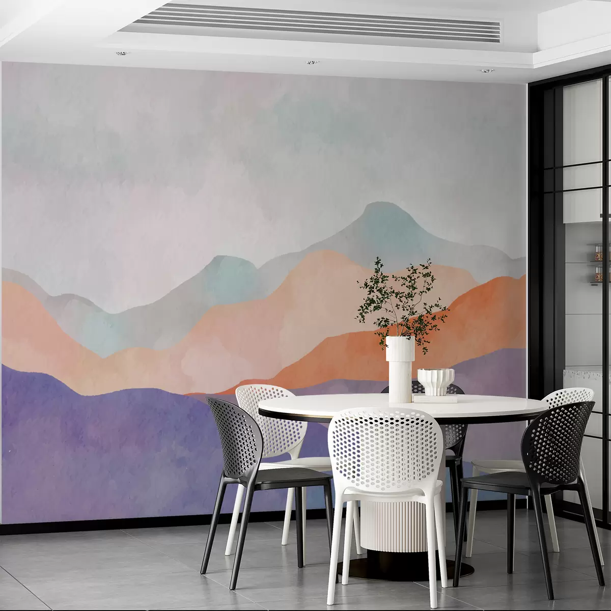 murales de pared Paisaje de montaña, dibujo abstracto, estilo boho, naranja, pupila, azul u98991
