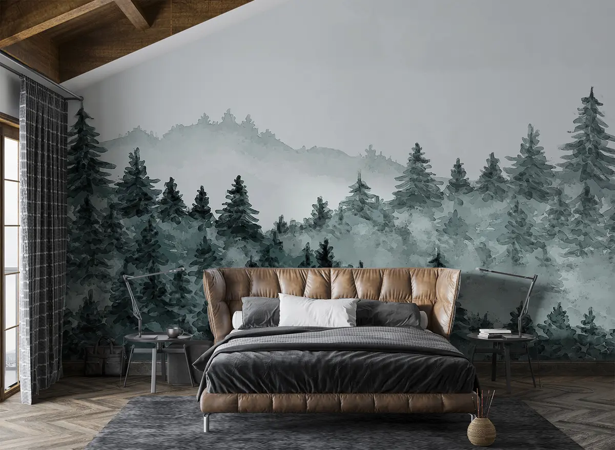 murales de pared Acuarela paisaje forestal, niebla, color verde, pinos u98994