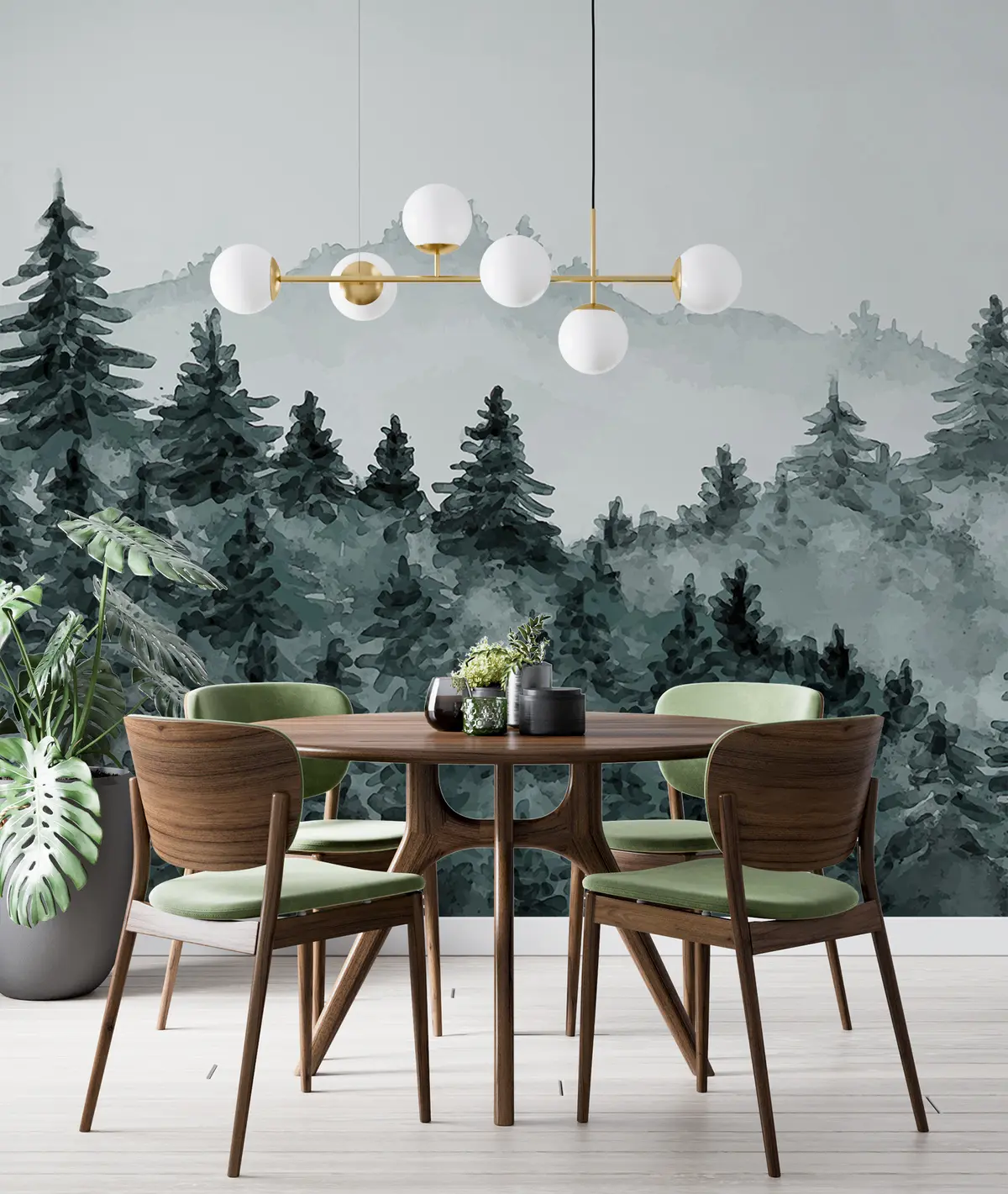 murales de pared Acuarela paisaje forestal, niebla, color verde, pinos u98994