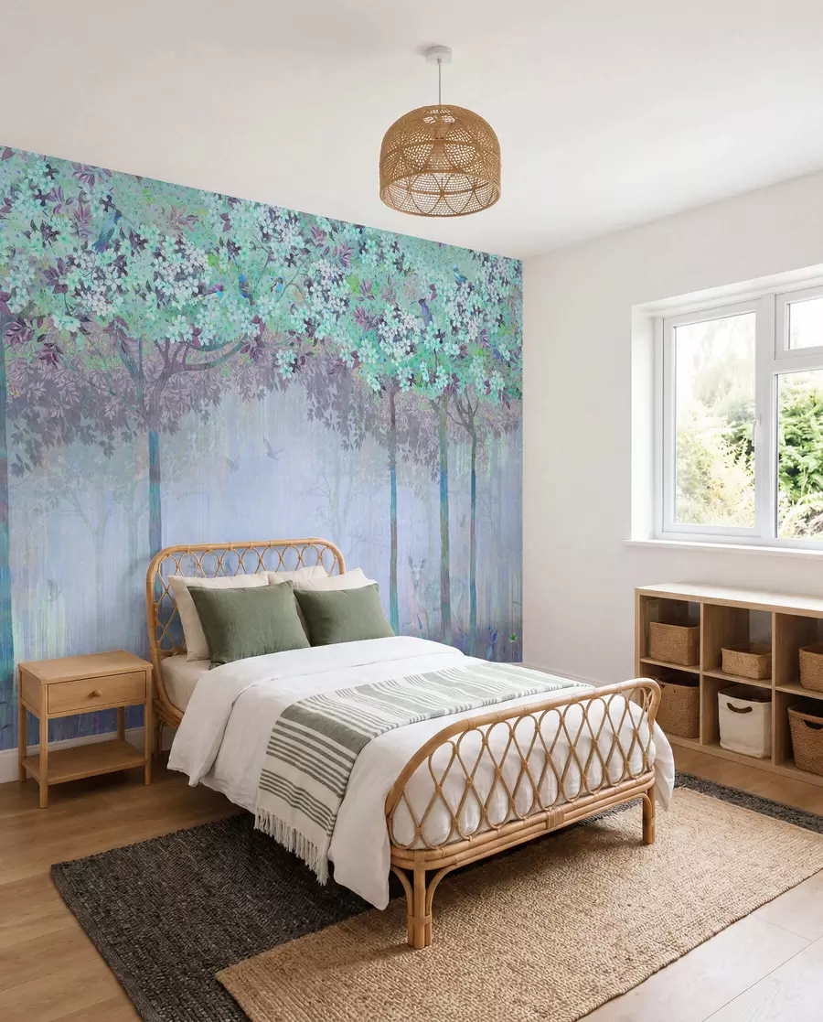 murales de pared Árboles en flor con troncos largos, ciervos entre los árboles u62100v1