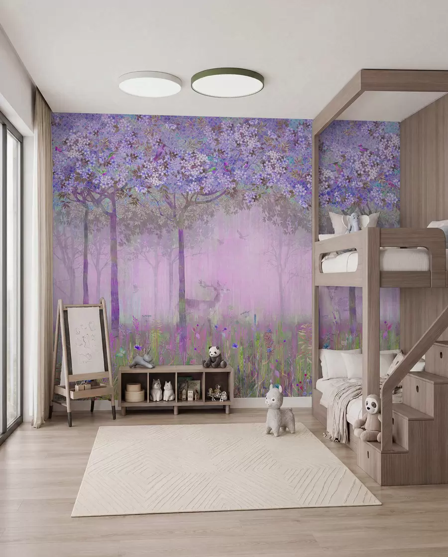 murales de pared Árboles en flor con troncos largos, ciervos entre los árboles u62100v2