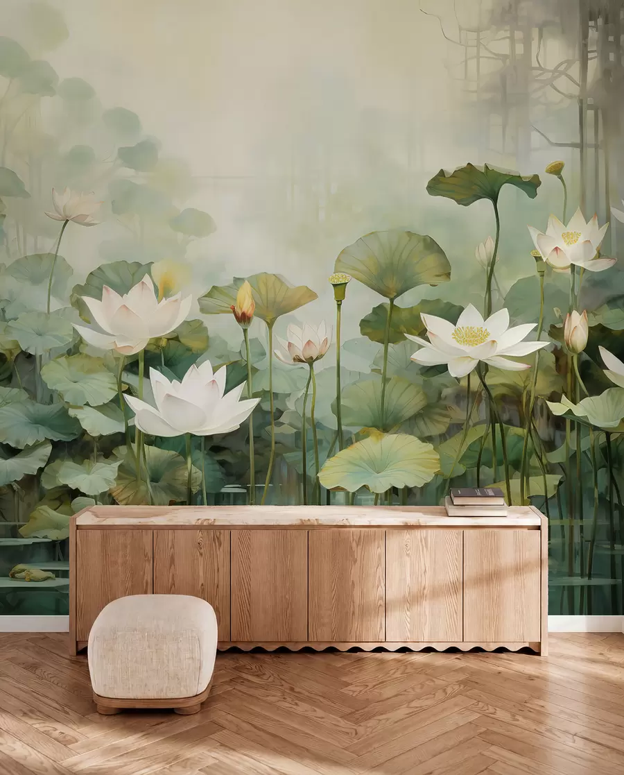 murales de pared Flores de loto en el lago, selva, arte tropical, verdor u99454