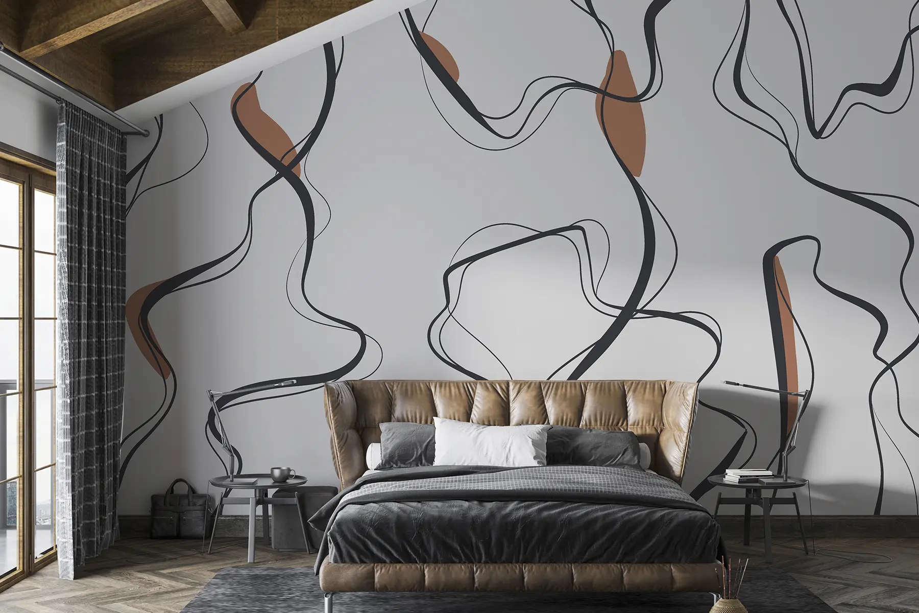 murales de pared Dibujo artístico a tinta, motivo abstracto, líneas geométricas, gris y naranja u99659v3