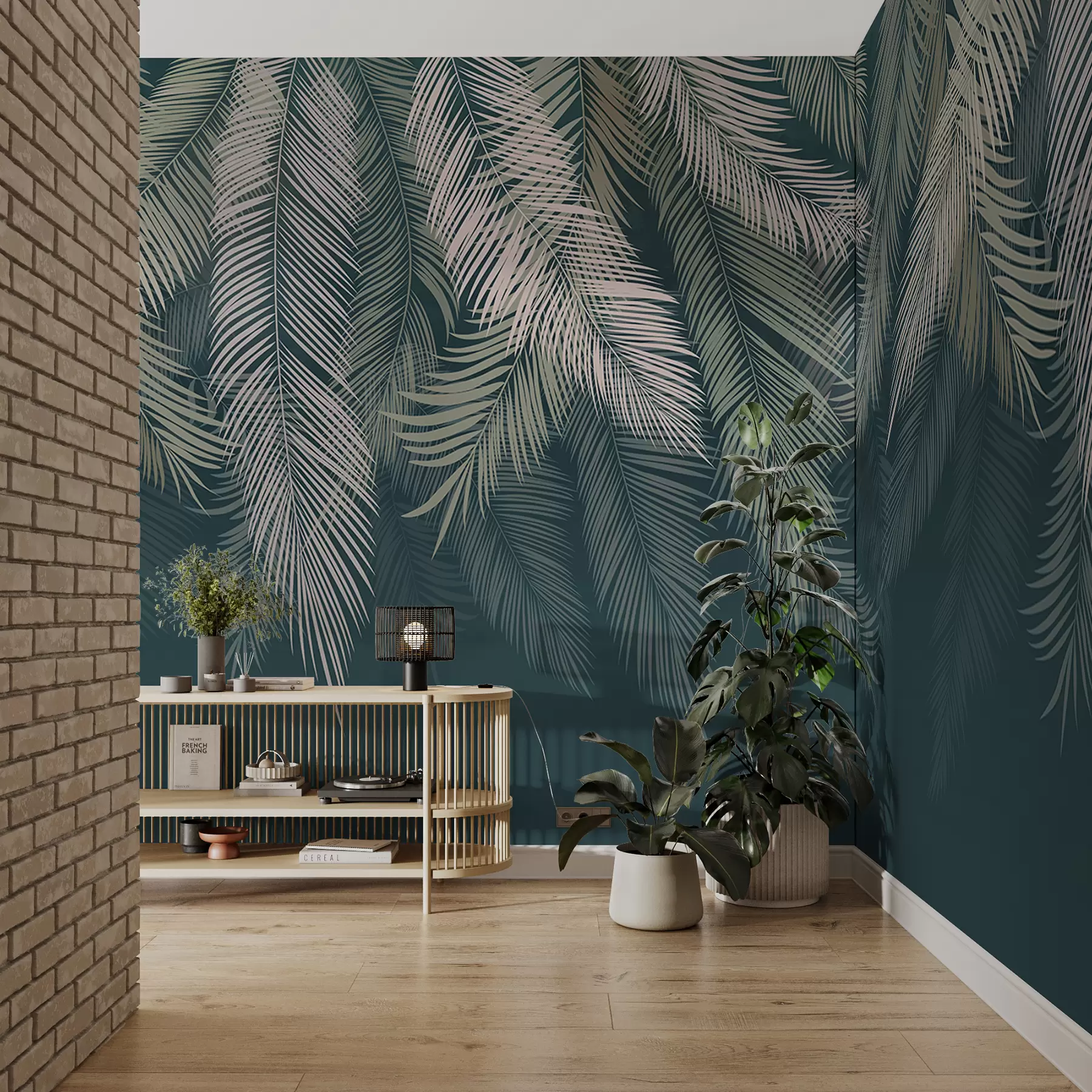 murales de pared Hojas de palmera sobre fondo verde oscuro u48556v2d2