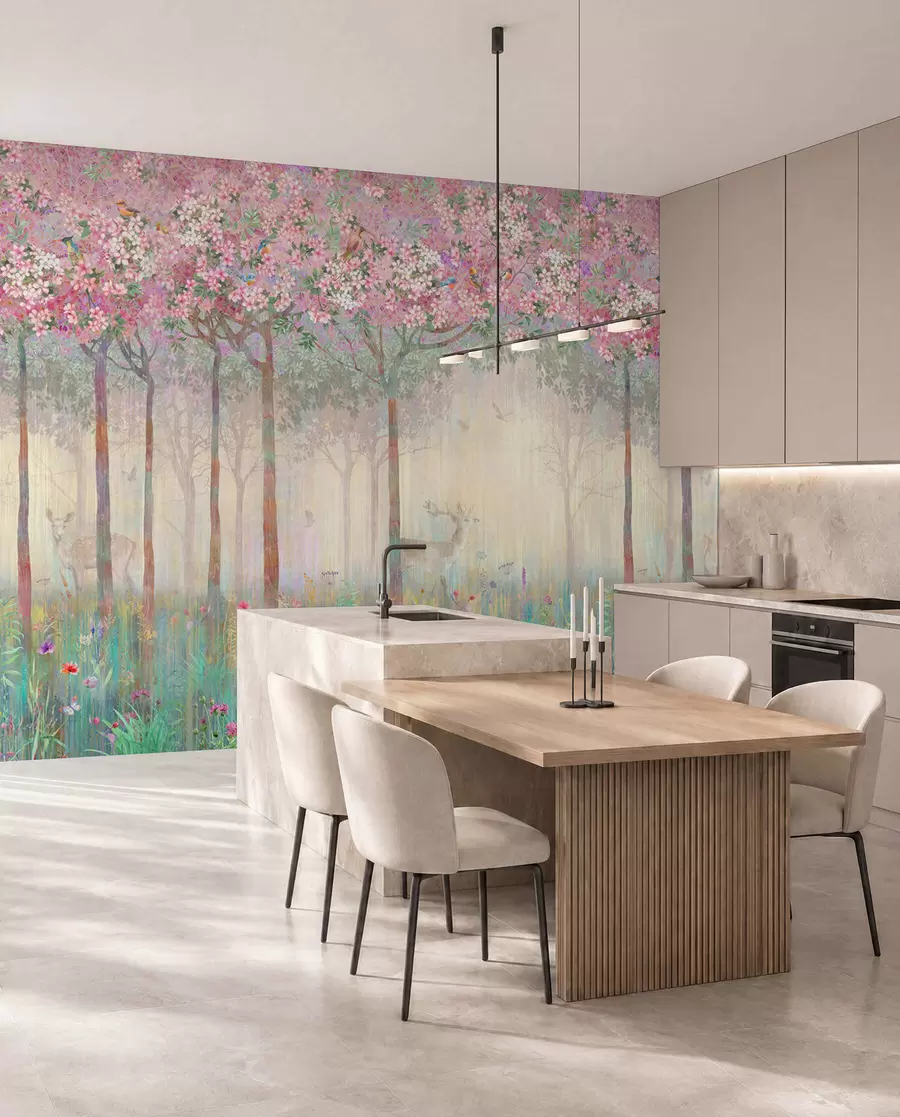 murales de pared Árboles en flor con troncos largos, ciervos entre los árboles u62100d2
